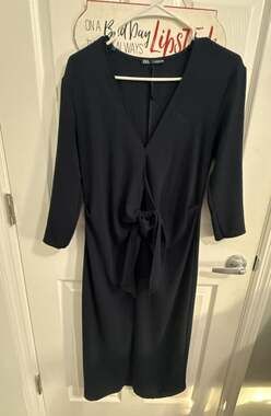Zara Front Knot Midi Dress Size S Black V-Neck 3/4 Sleeve Fluid